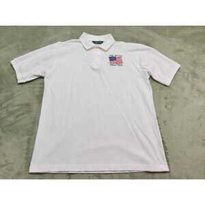 Outer Banks Mens Sz L White Polo Shirt One Nation Under God Cotton USA Flag